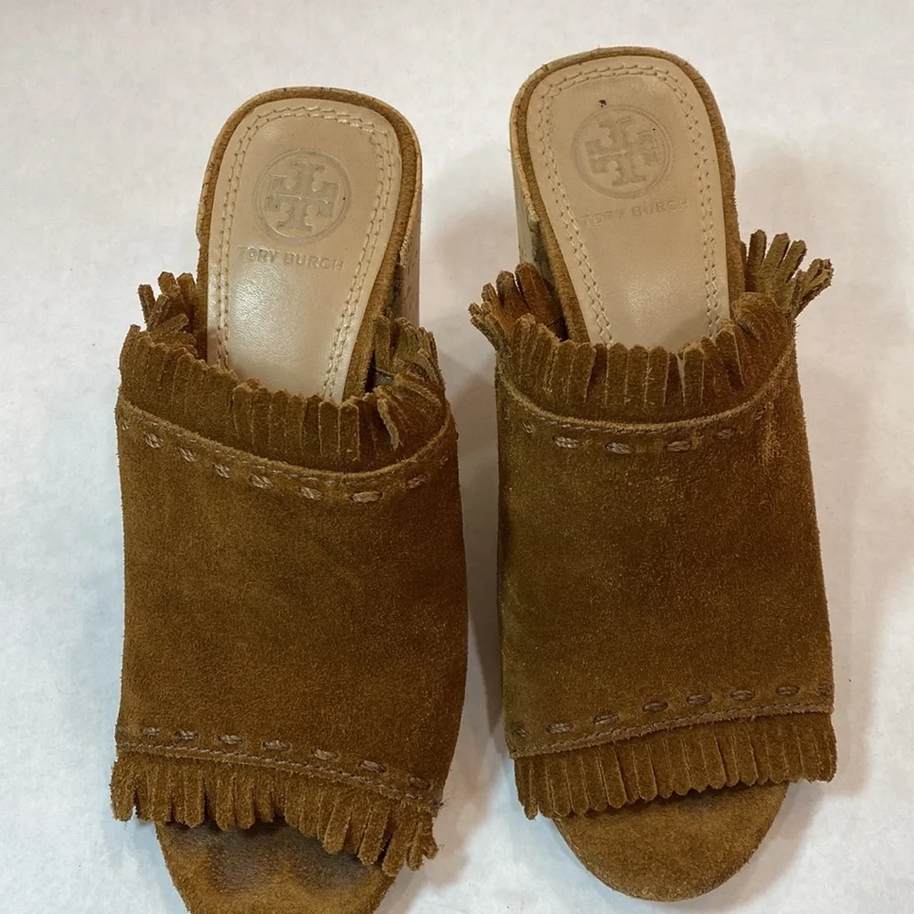 Tory Burch Huntington Heels western slides suede fringe‎ 38648